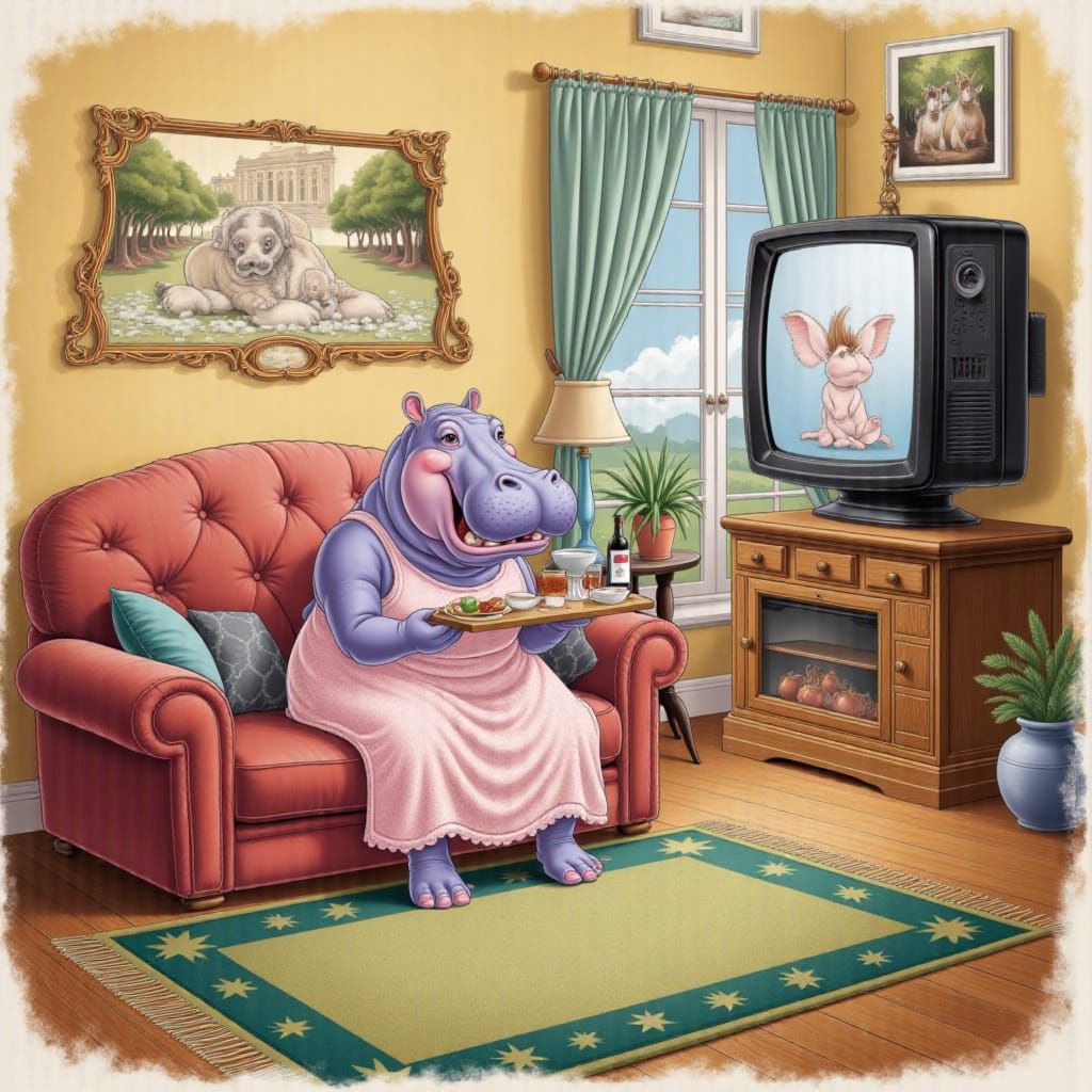 Hillary Hippo Relaxes with Supper: Gouache Painting