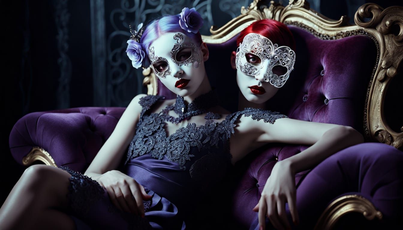 Surreal Woman with Masked Face and Filigree Flowers