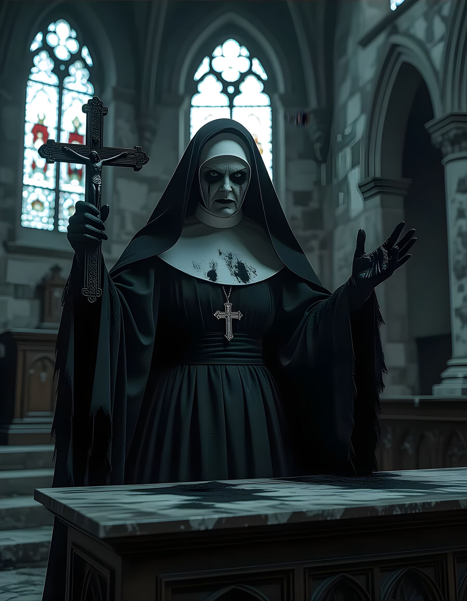 Evil Nun in Abandoned Church, Photorealistic Horror