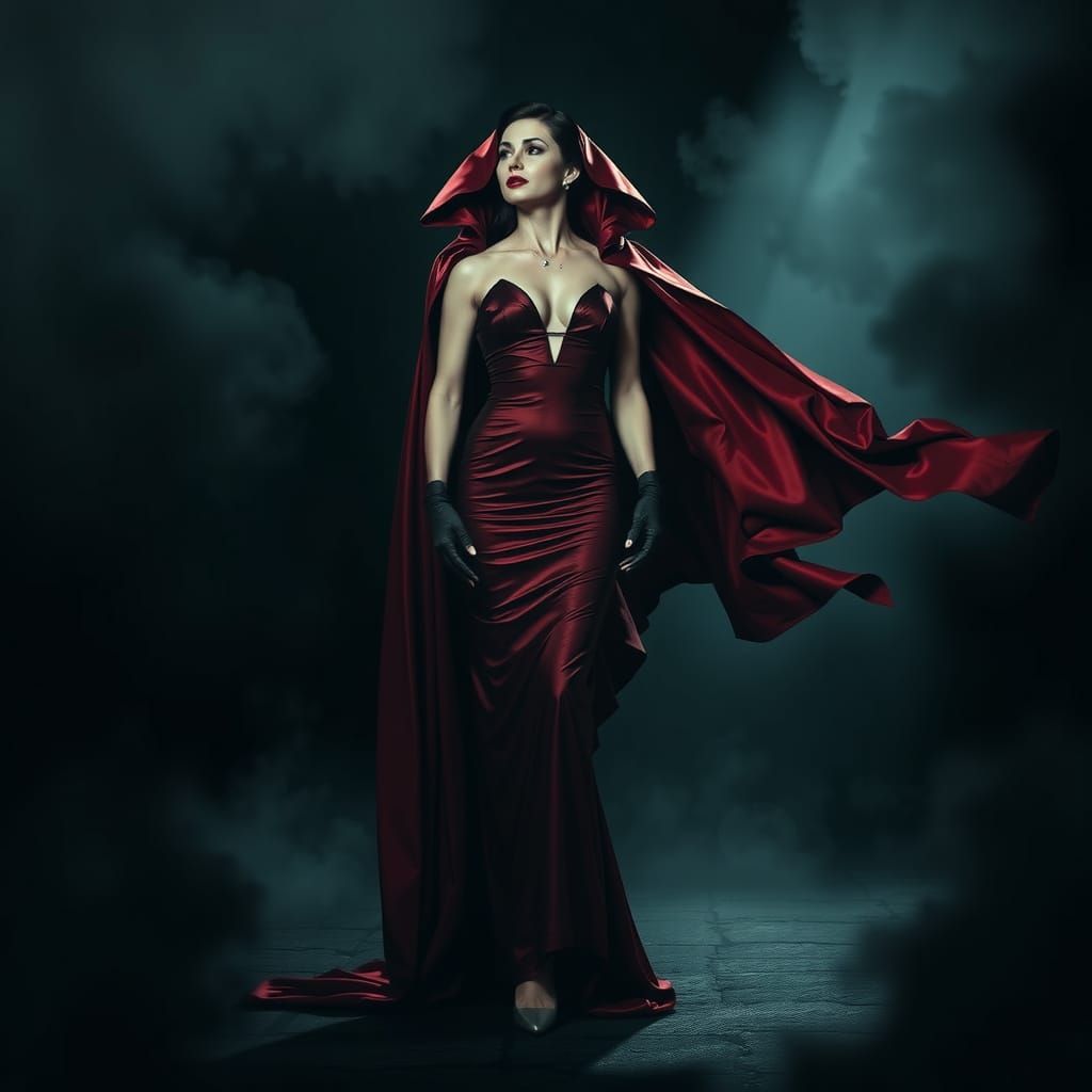 Ethereal Vampire Goddess in Crimson Cape and Silk Gown