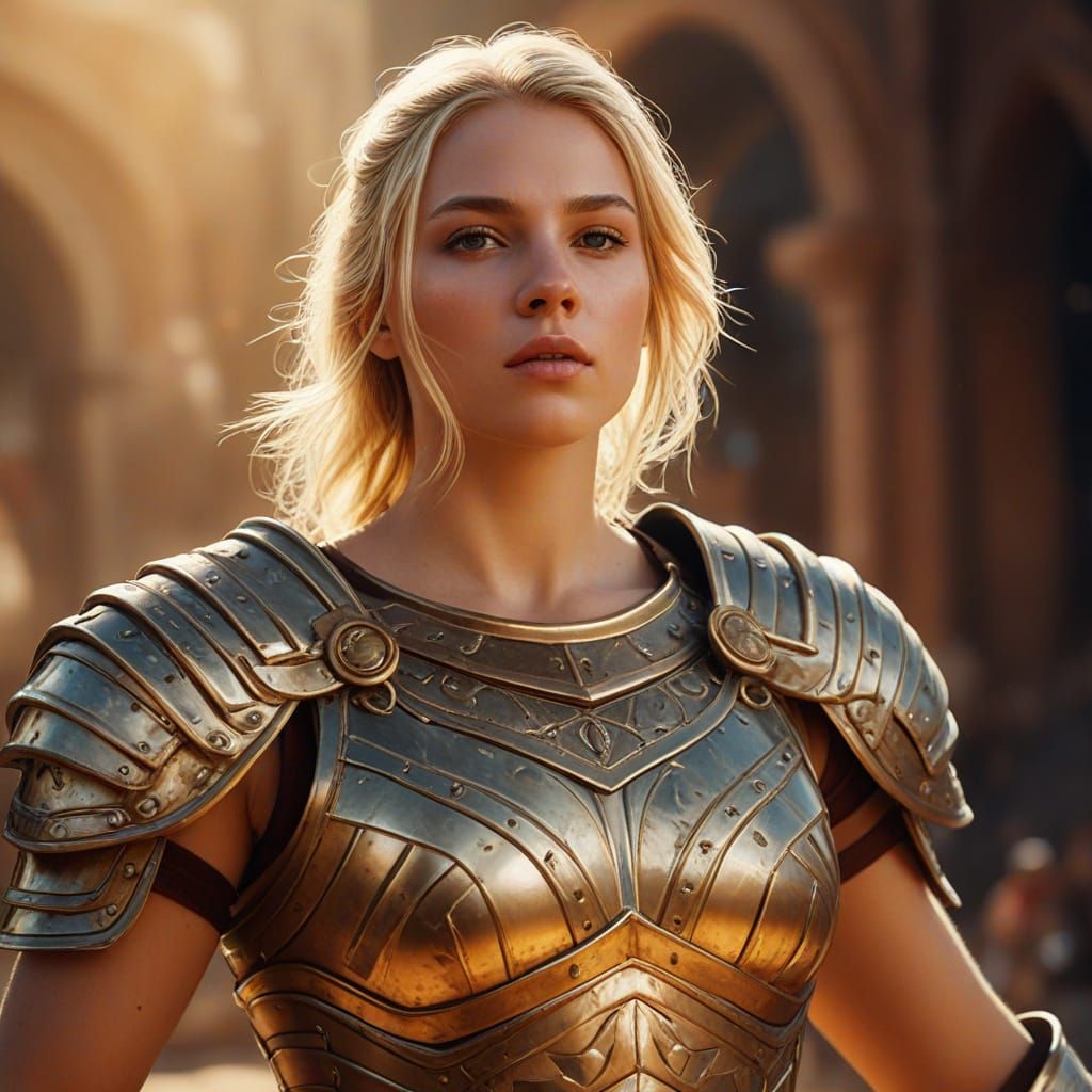 Female Gladiator Posing in Arena as Oil Painting