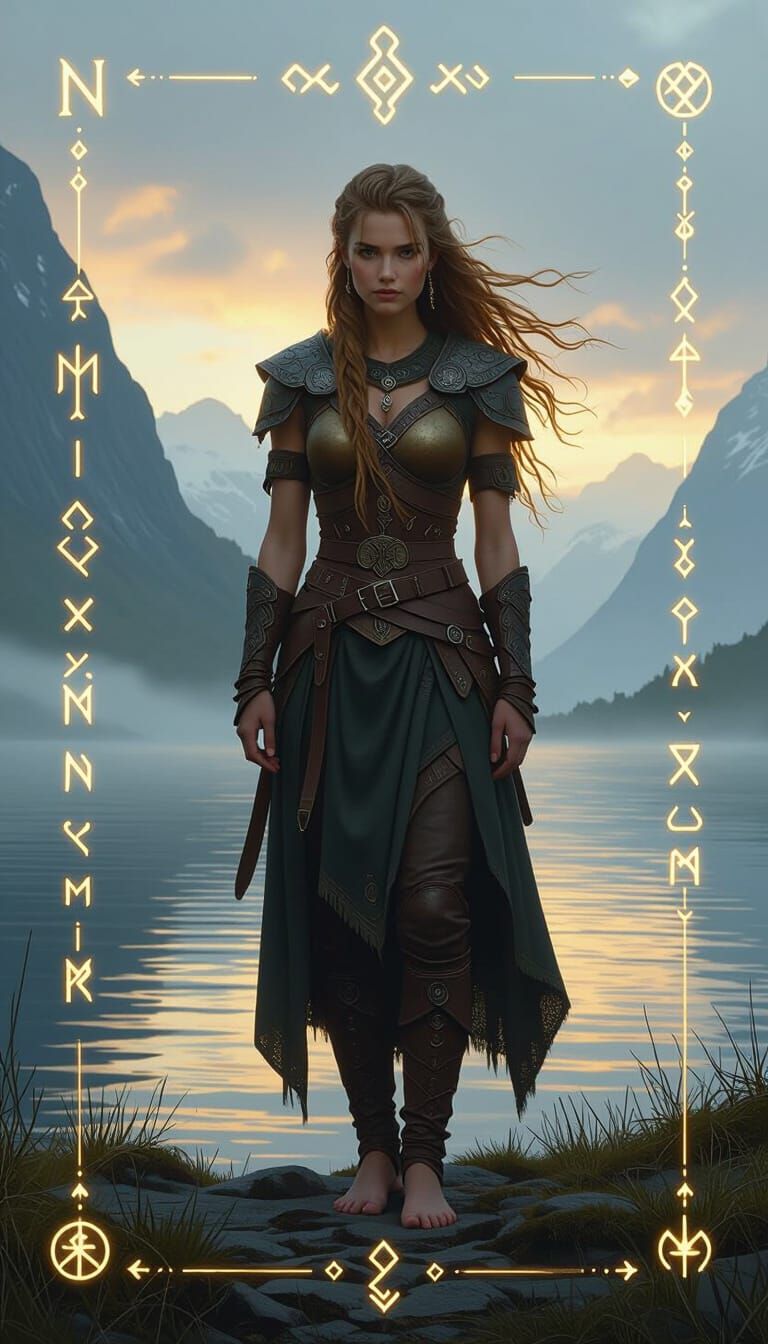 Nordic Woman at Fjord with Glowing Runes
