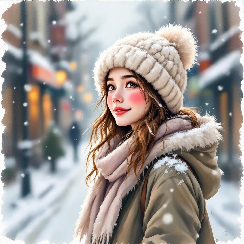 Winter Street Scene in Whimsical Gouache Style