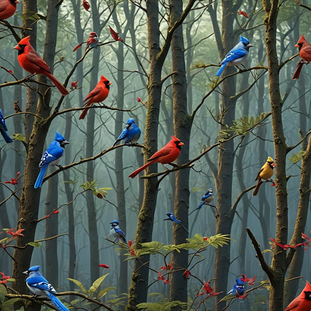 Cardinals, Jays, and Chickadees in Forest: Detailed Matte Pa...