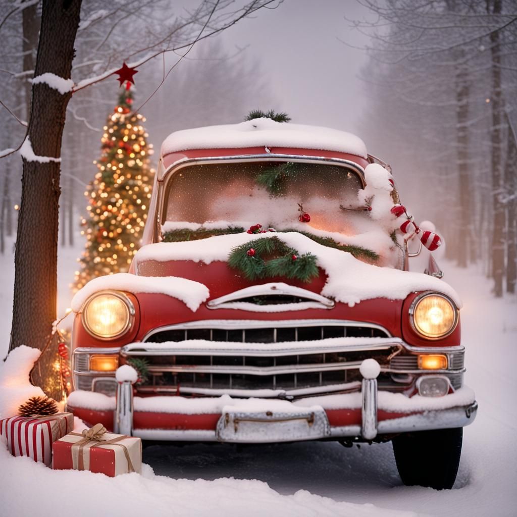 Whimsical Christmas Car in Snowy Wonderland
