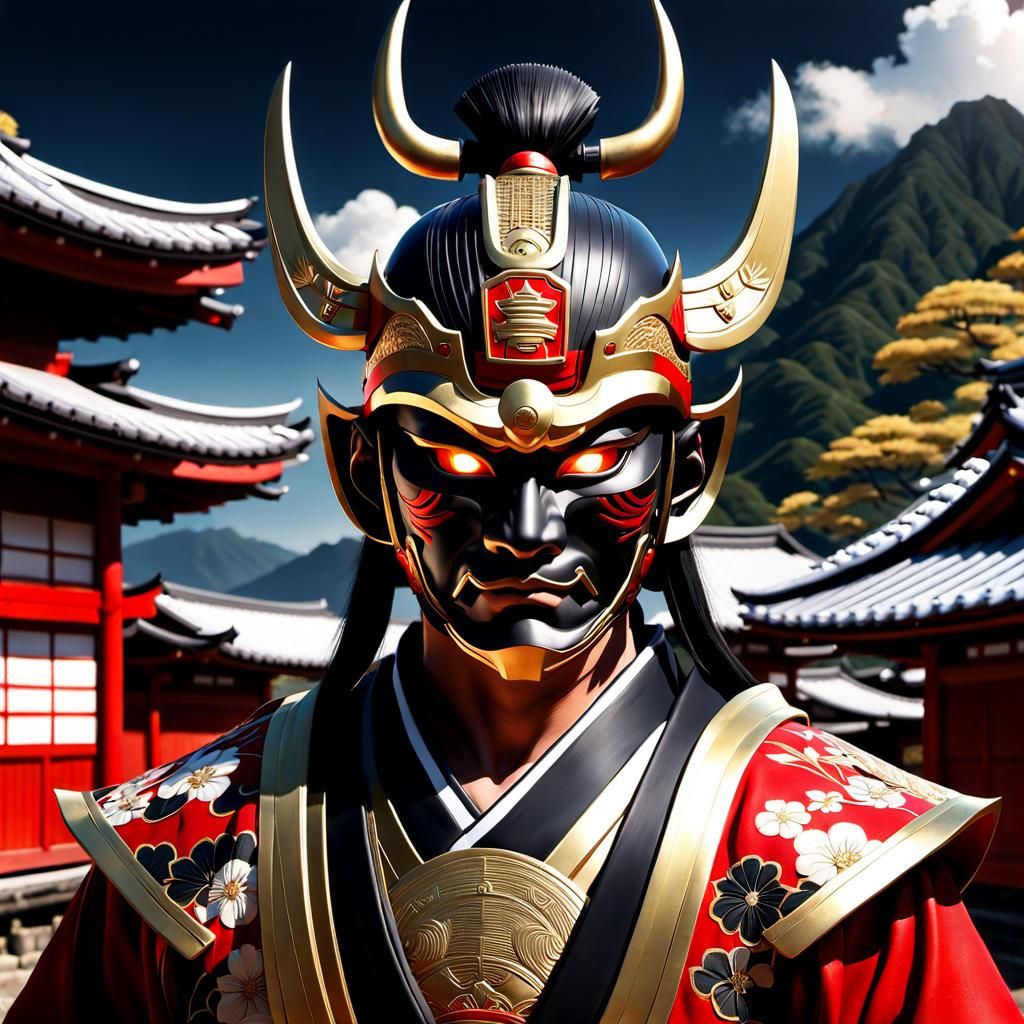 Samurai Warrior in Oni Mask, Anime Art Style