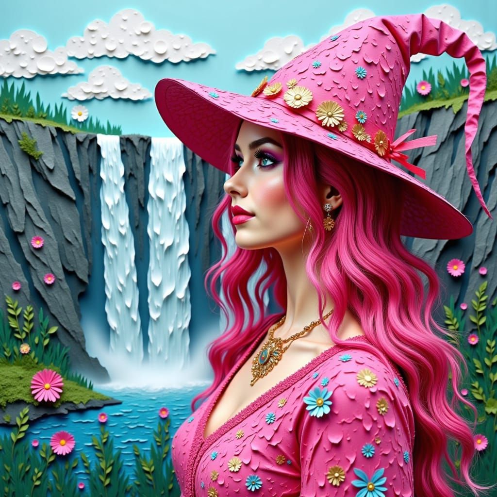 Enchanting Papercut Portrait of a Pink Witch Amidst a Whimsi...
