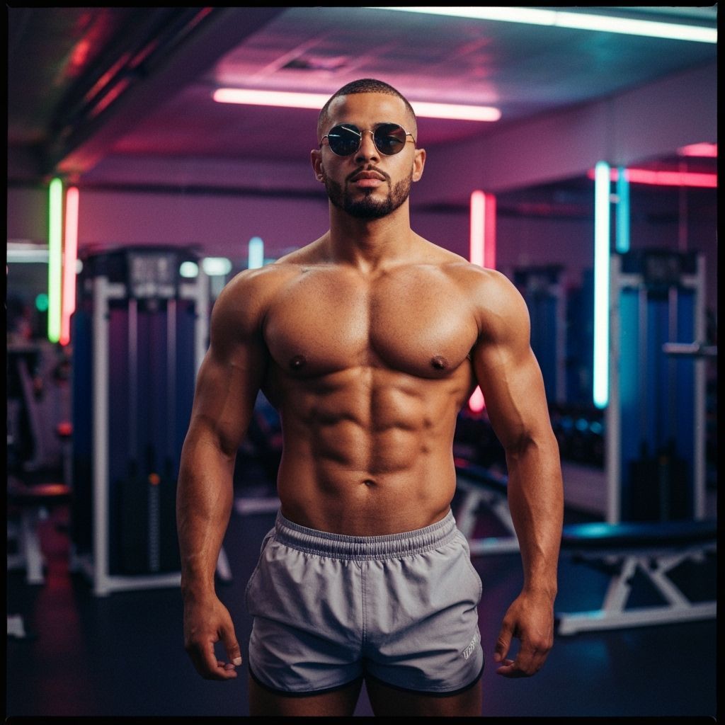 Bodybuilder in Neon Gym: Hyperrealistic Photographic Style