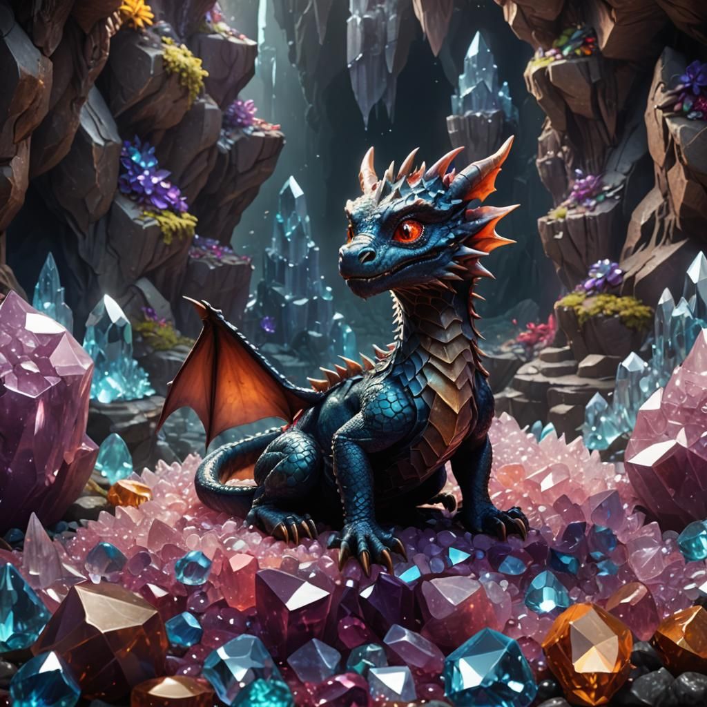 Baby Dragon in Crystal Cave: Fantasy Concept Art