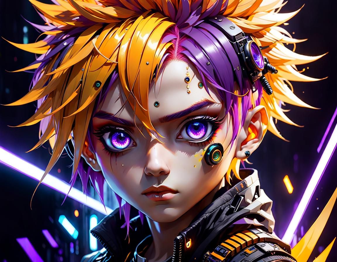 Striking Chibi Cyberpunk Boy with Expressive Eyes