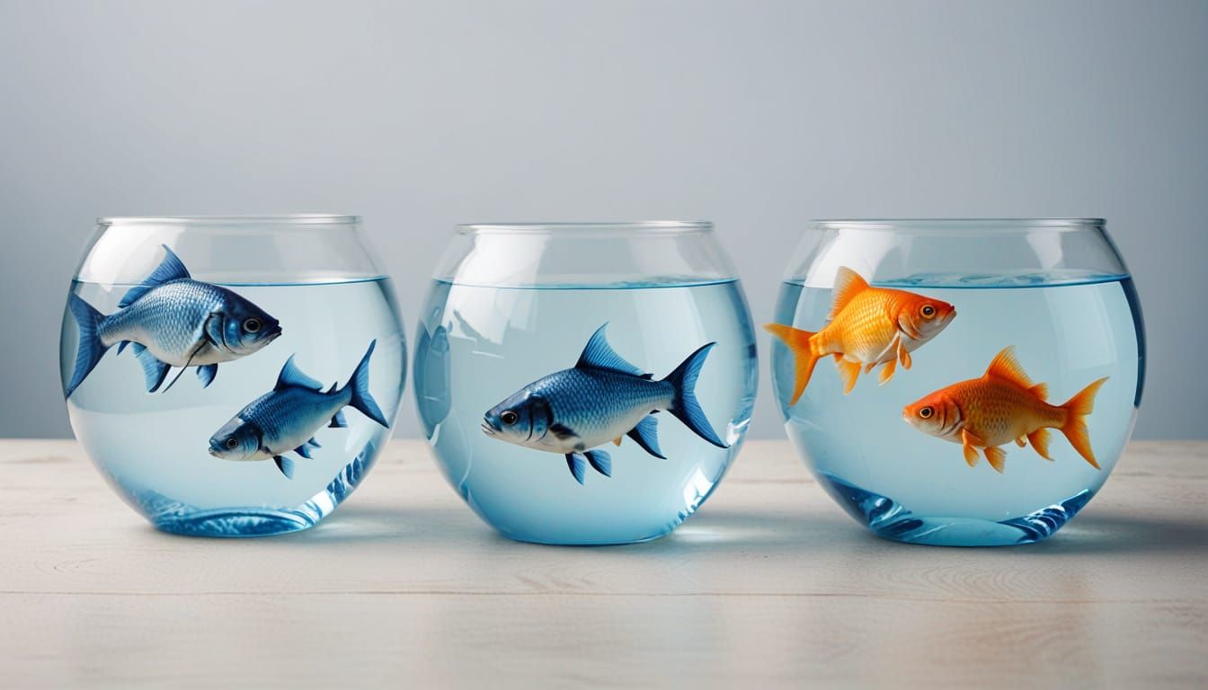 Blue and Goldfish in Three Fish Bowls