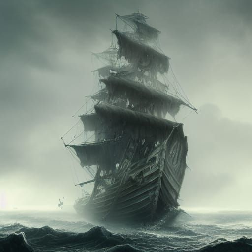 Epic Ghost Pirate Ship in Fog, Digital Matte Painting