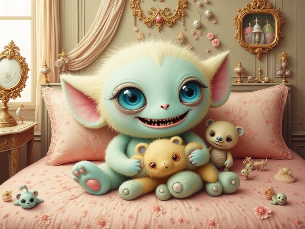 Whimsical Monster Snuggles Teddy in Dreamlike Bedroom