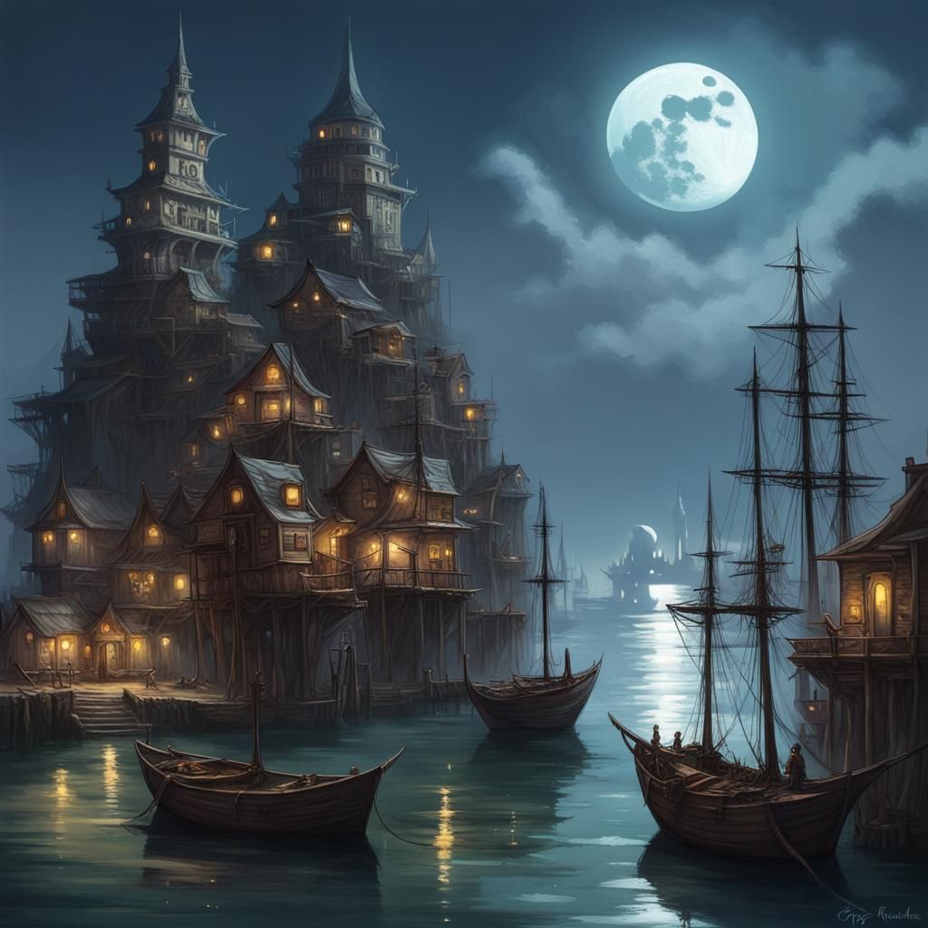 Sinister Moon Elf Port City Harbor in Dark Fantasy Style