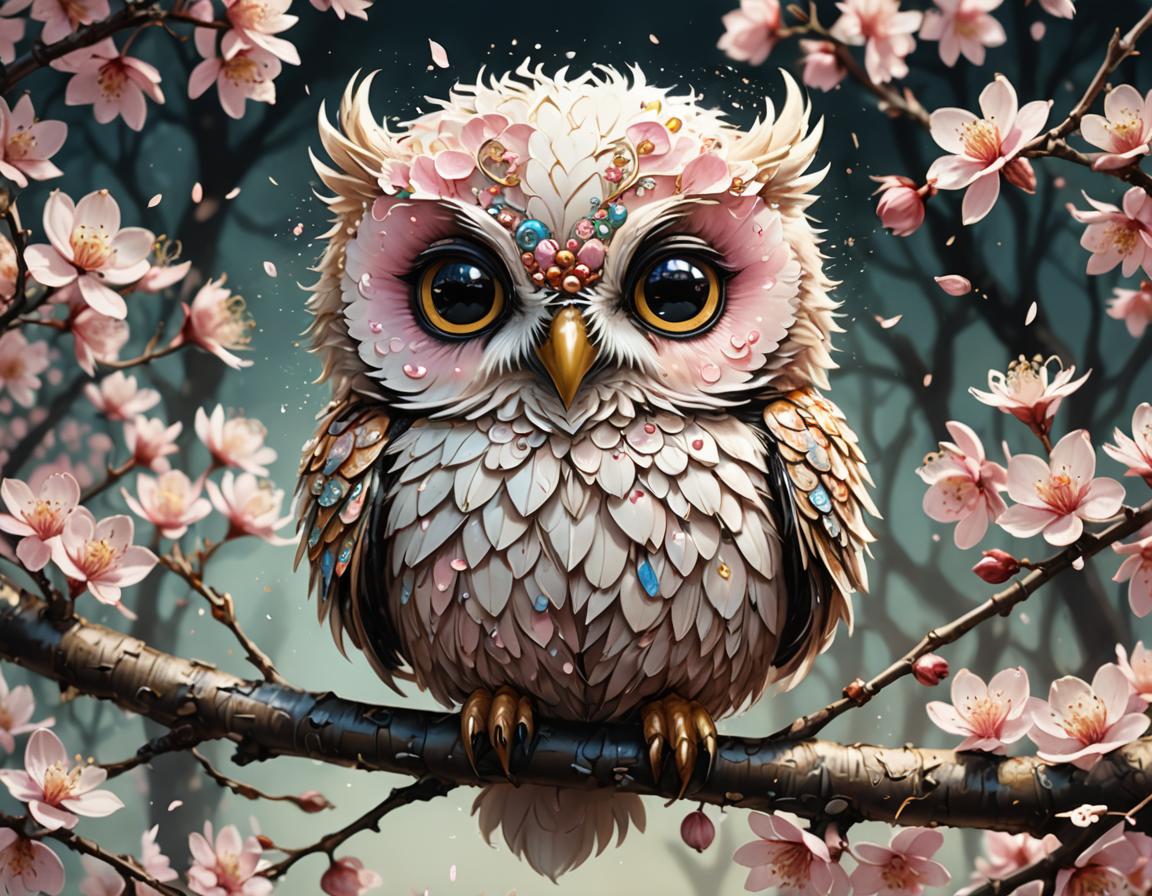 Cherry Blossom Owl: Anime Pastel Watercolor Art