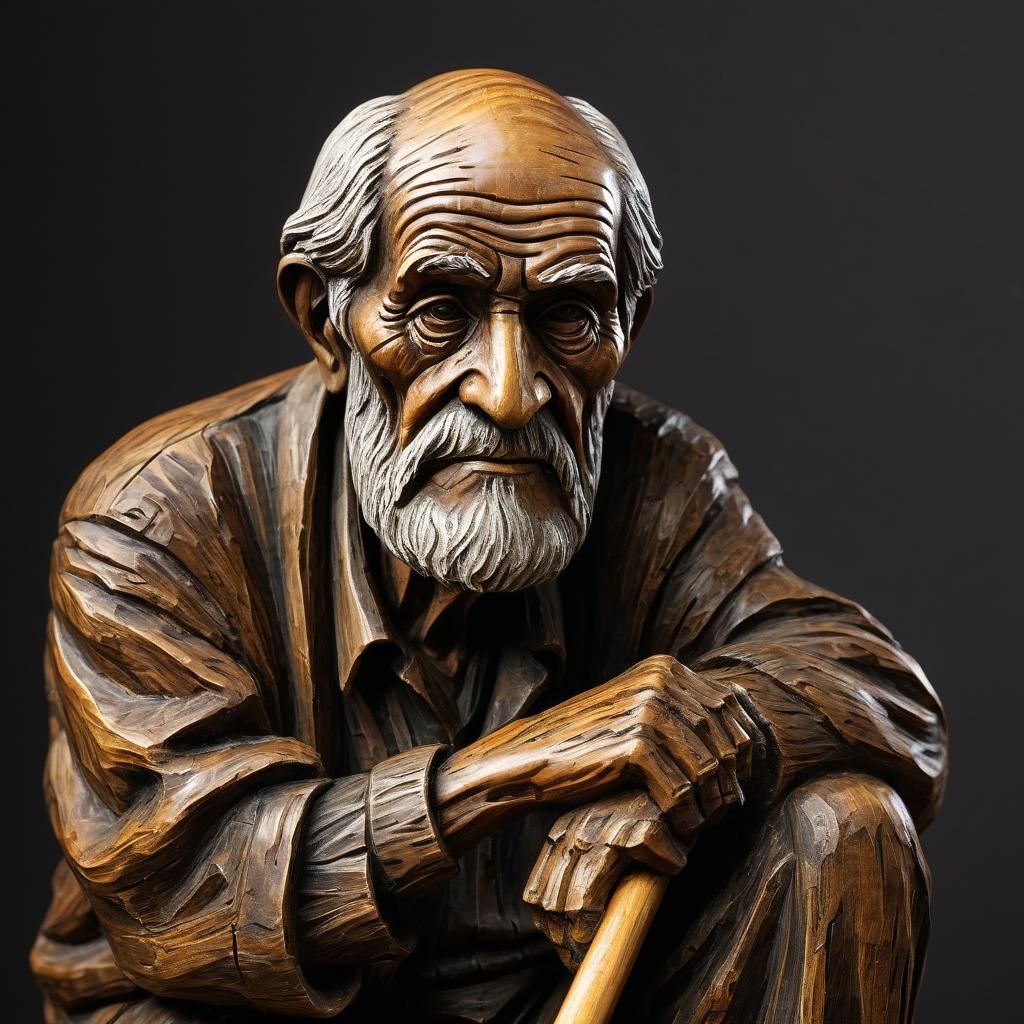 Detailed 3D Wooden Sculpture of an Old Man