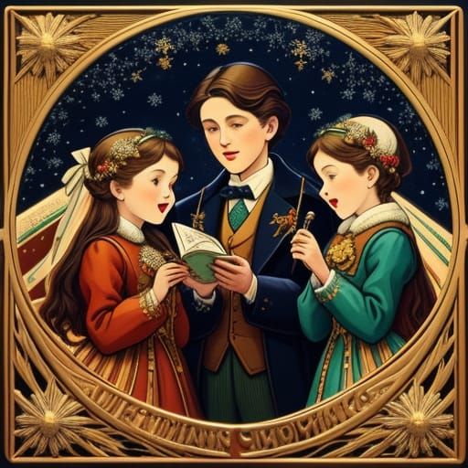 Victorian Children Caroling in Snowy Street Gouache Painting