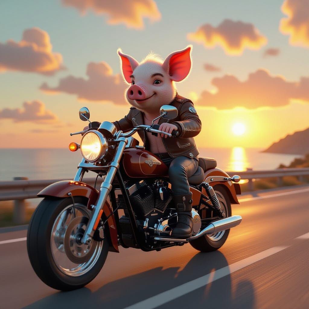 Piglet Rider in Leather Jacket on Coastal Highway