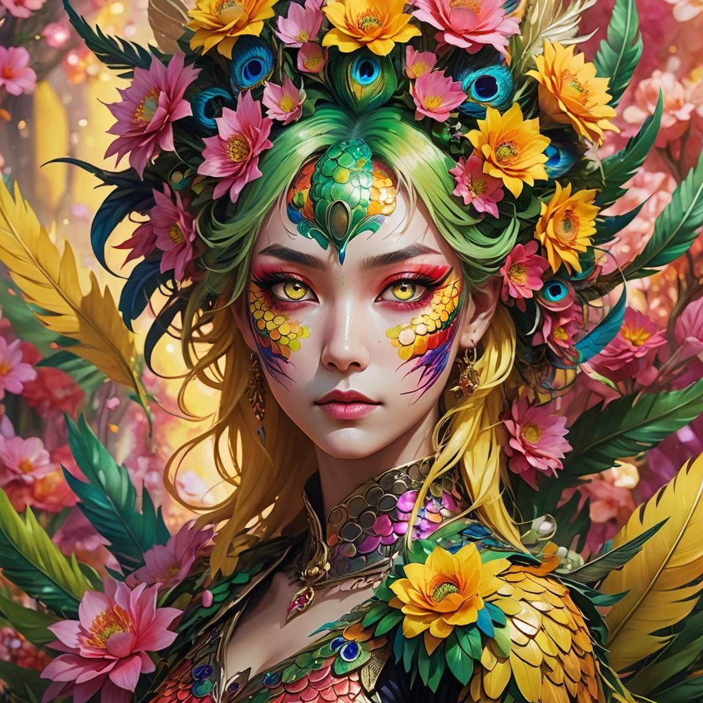 Anime Dragon Peacock Woman Portrait with Vibrant Flowers