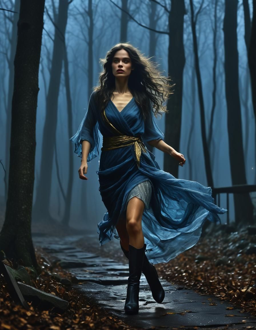 Chiaroscuro Oil Painting: Woman Running in Foggy Forest