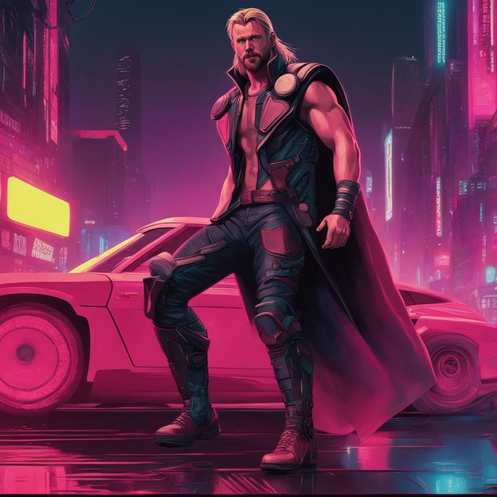 Cyberpunk Thor in Neon Cityscape