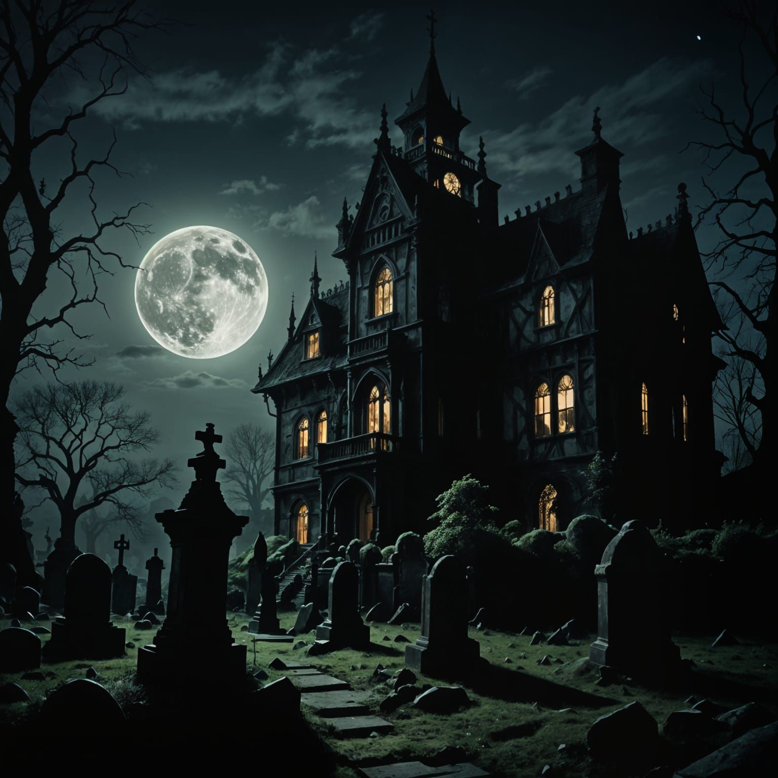 Eerie Gothic Mansion Under Moonlight