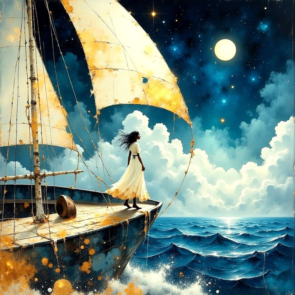 Woman on Sailing Ship at Night in Watercolor