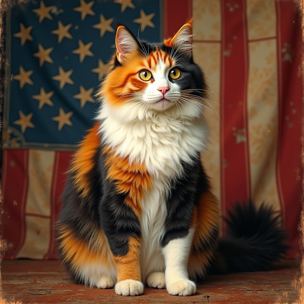 Calico Cat Posing with American Flag
