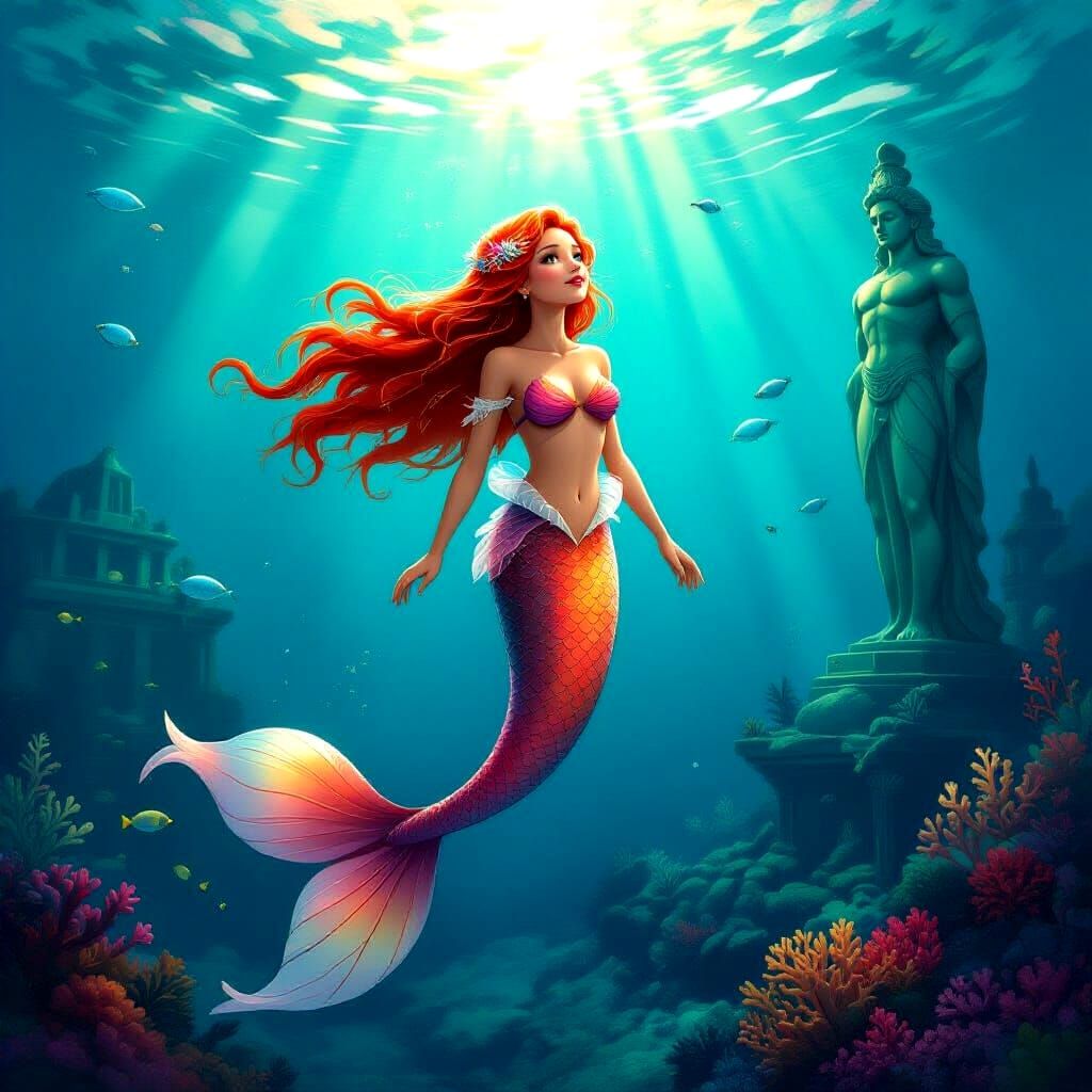 Young Mermaid with Red Hair and Gold-Flecked Tail in Sunken ...