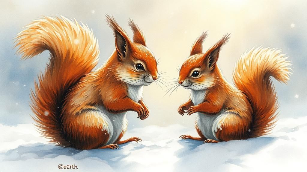 Squirrels Frolicking in Snow: Watercolor and Ink