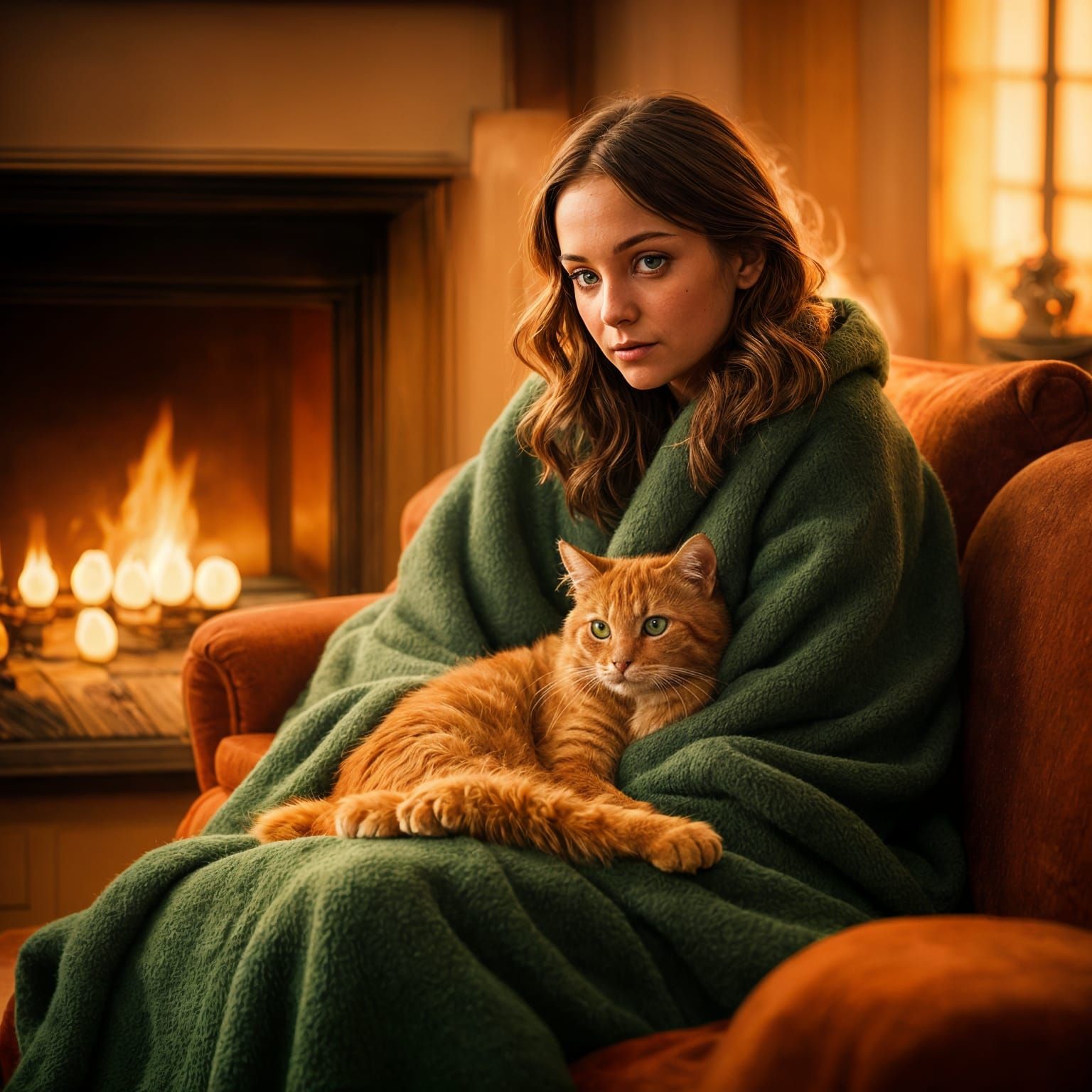 Cozy Couch Scene with Cat and Fireplace