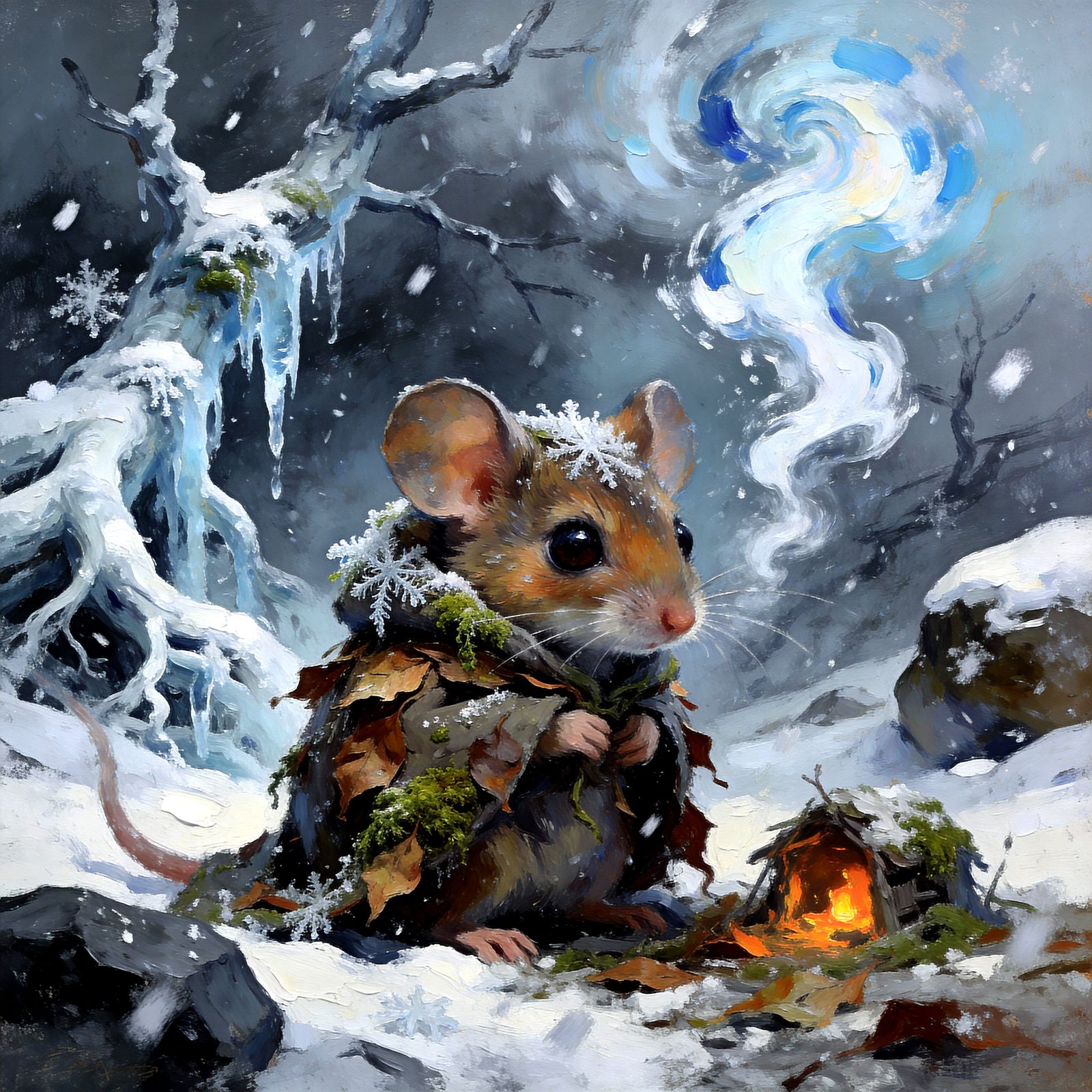Adorable Mouse Braving Blizzard in Impasto Painting Style