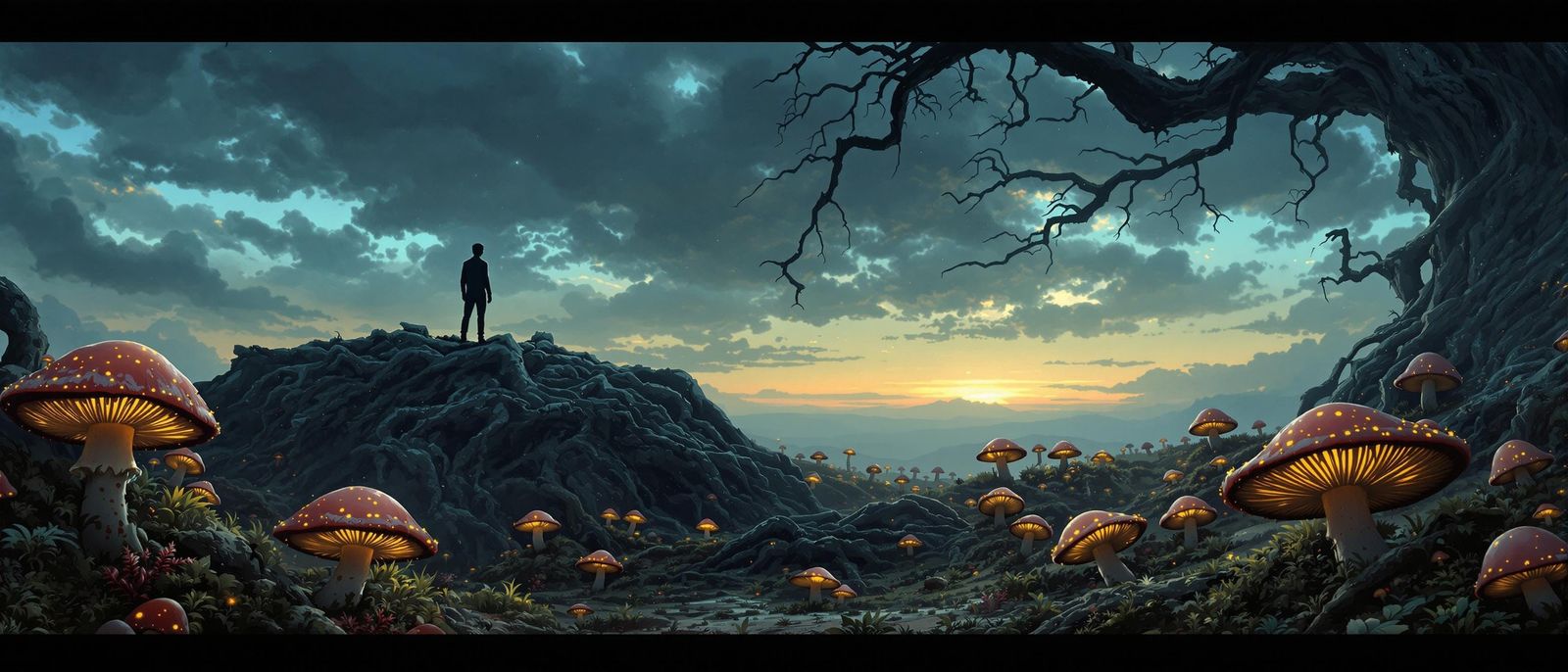 Mysterious Mushroom Realm Under a Haunting Sky