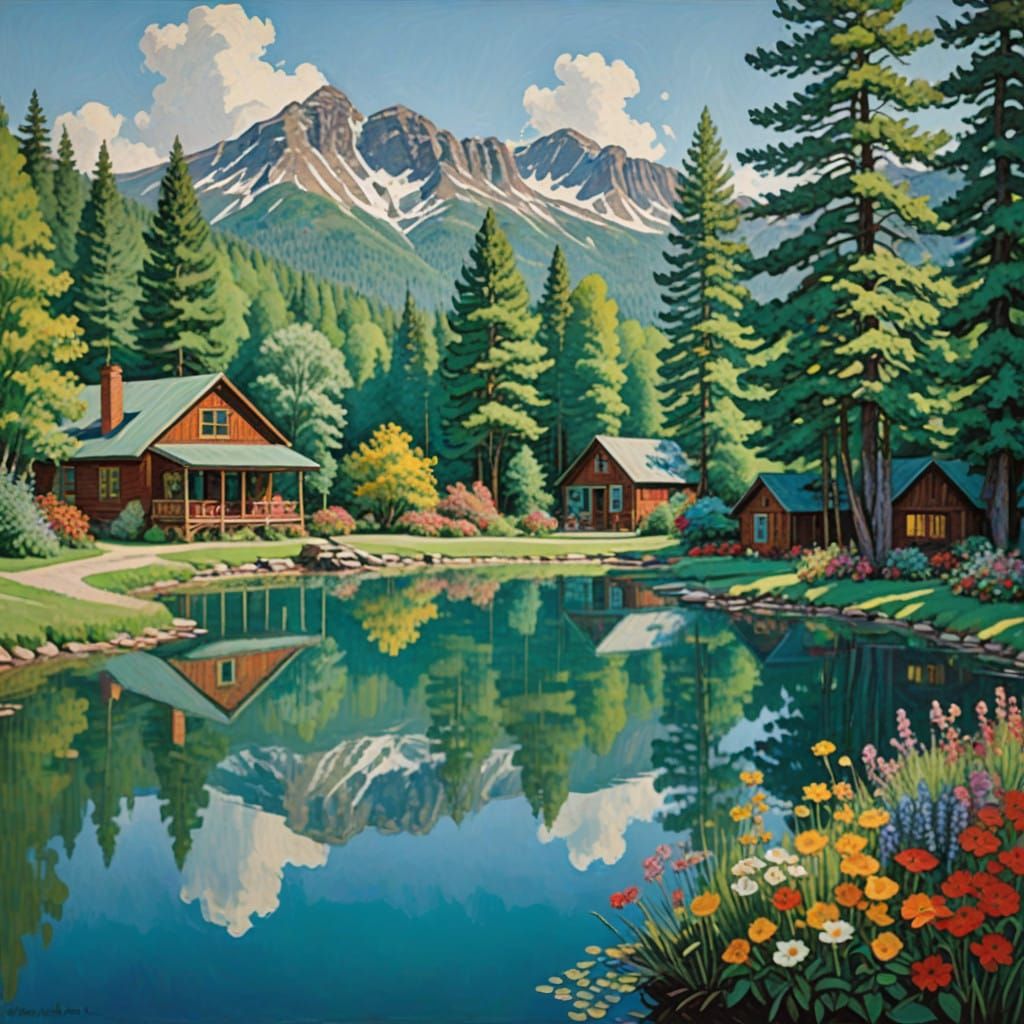 Vintage Mountain Lake Resort in Impressionist Style