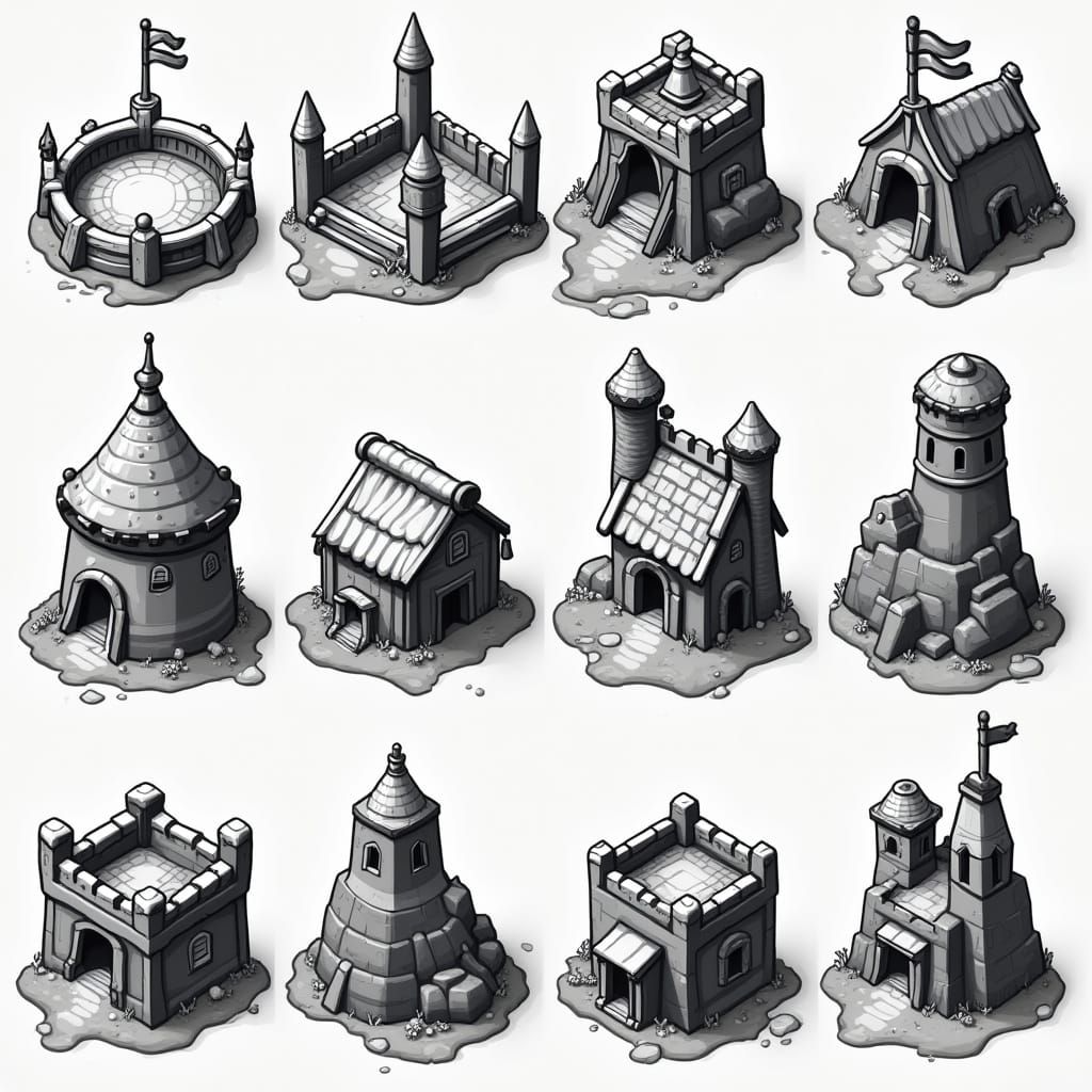 Monochromatic UI Icons: Arena, City, Hut, Fortress