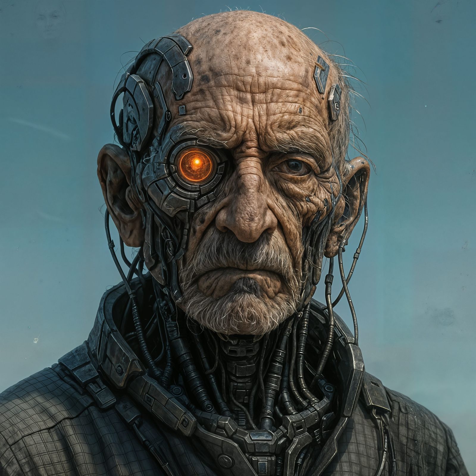 Futuristic 3000-Year-Old Man with Cybernetic Enhancements