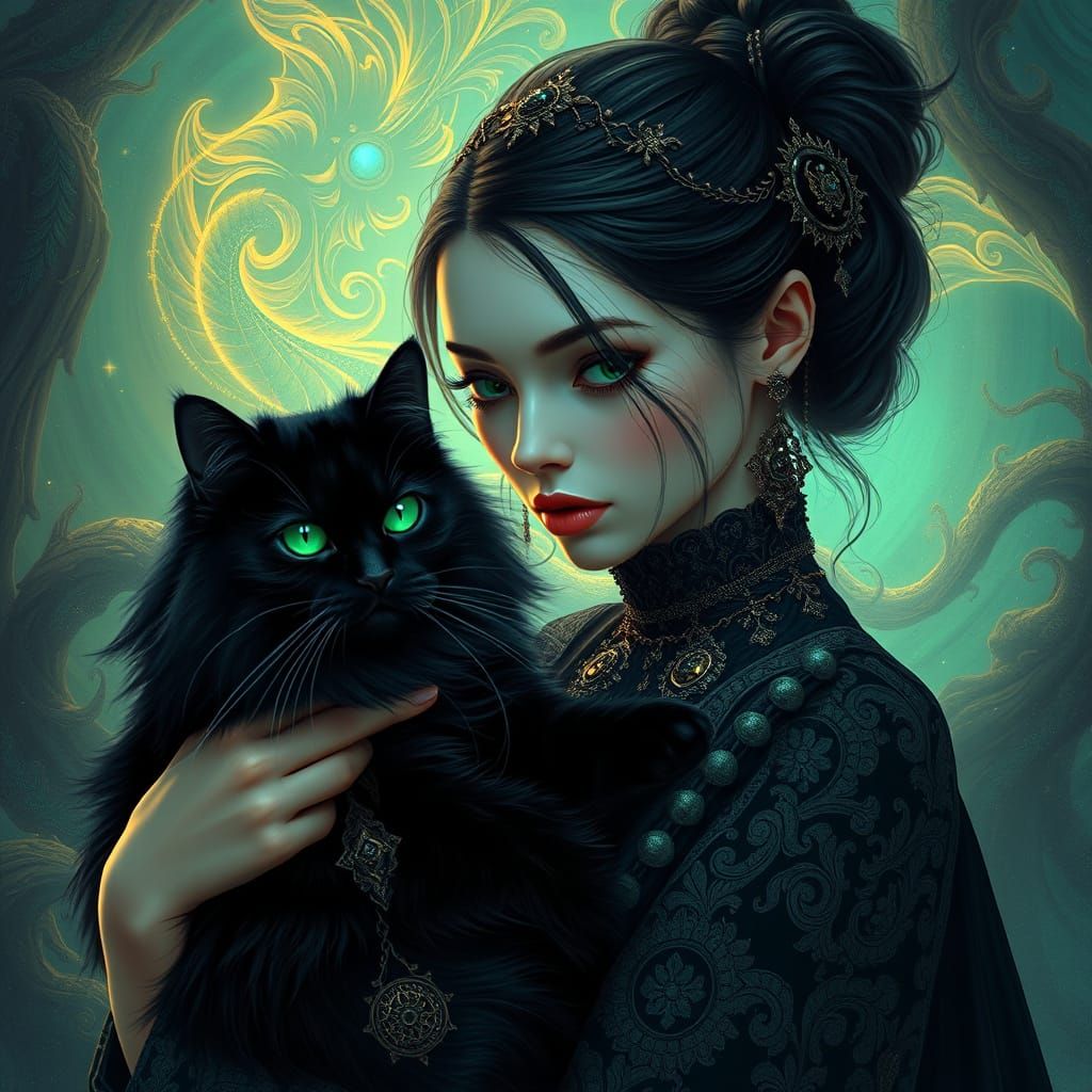 Lady of Enchanted Whispers with Majestic Black Feline Compan...