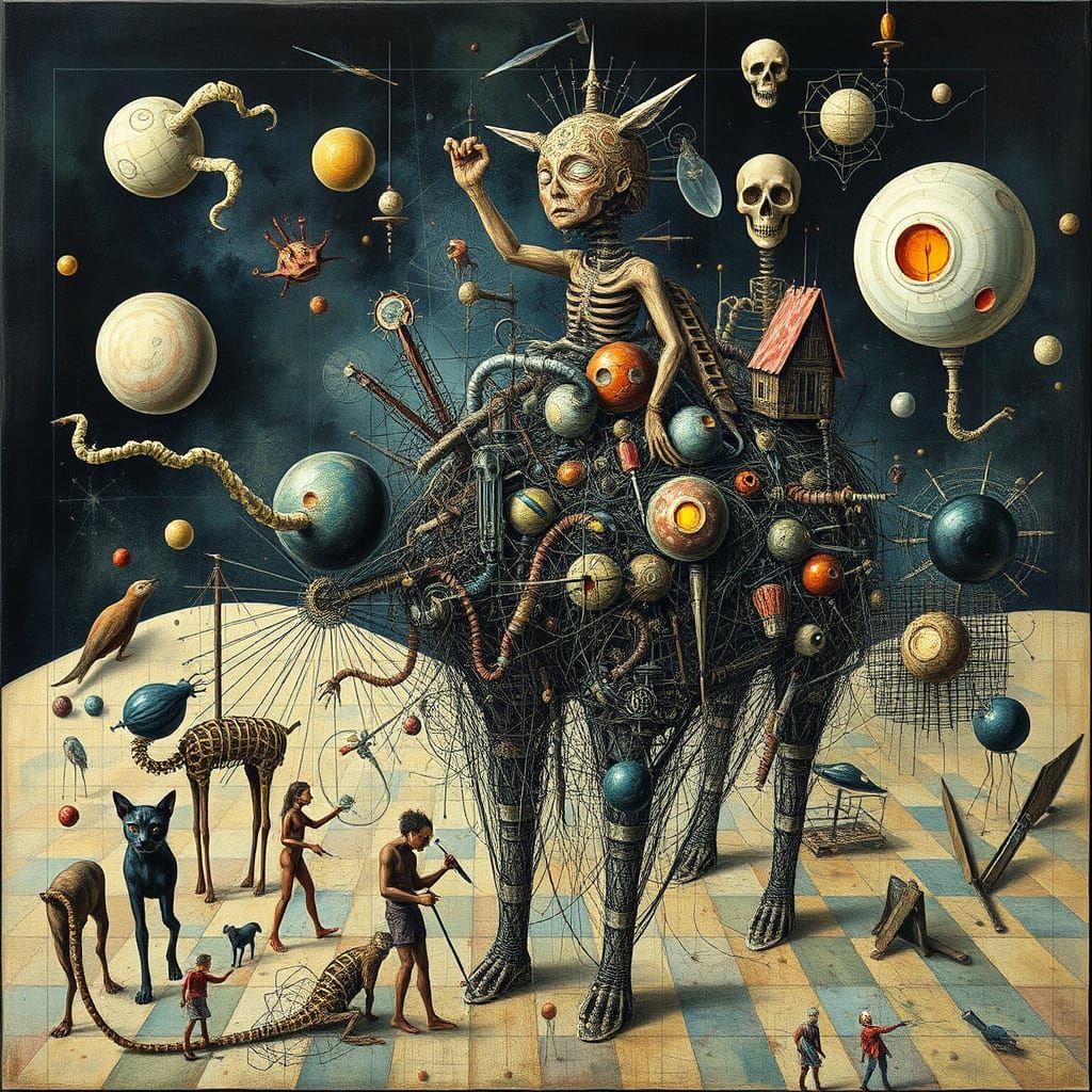 Surrealist Tableau With Wireframe Elements