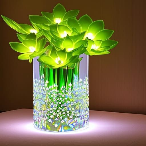 Bioluminescent Crystal Flowers in Glass Vase