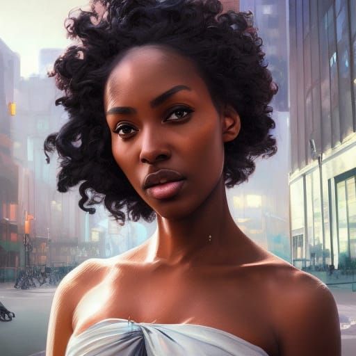 Gorgeous Rwandan Woman Portrait in Cityscape, Digital Art