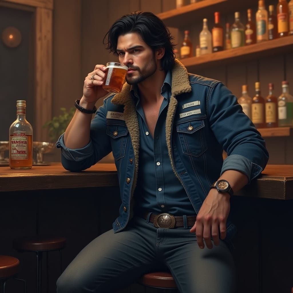 Photorealistic Portrait of Man in Denim Jacket at Bar