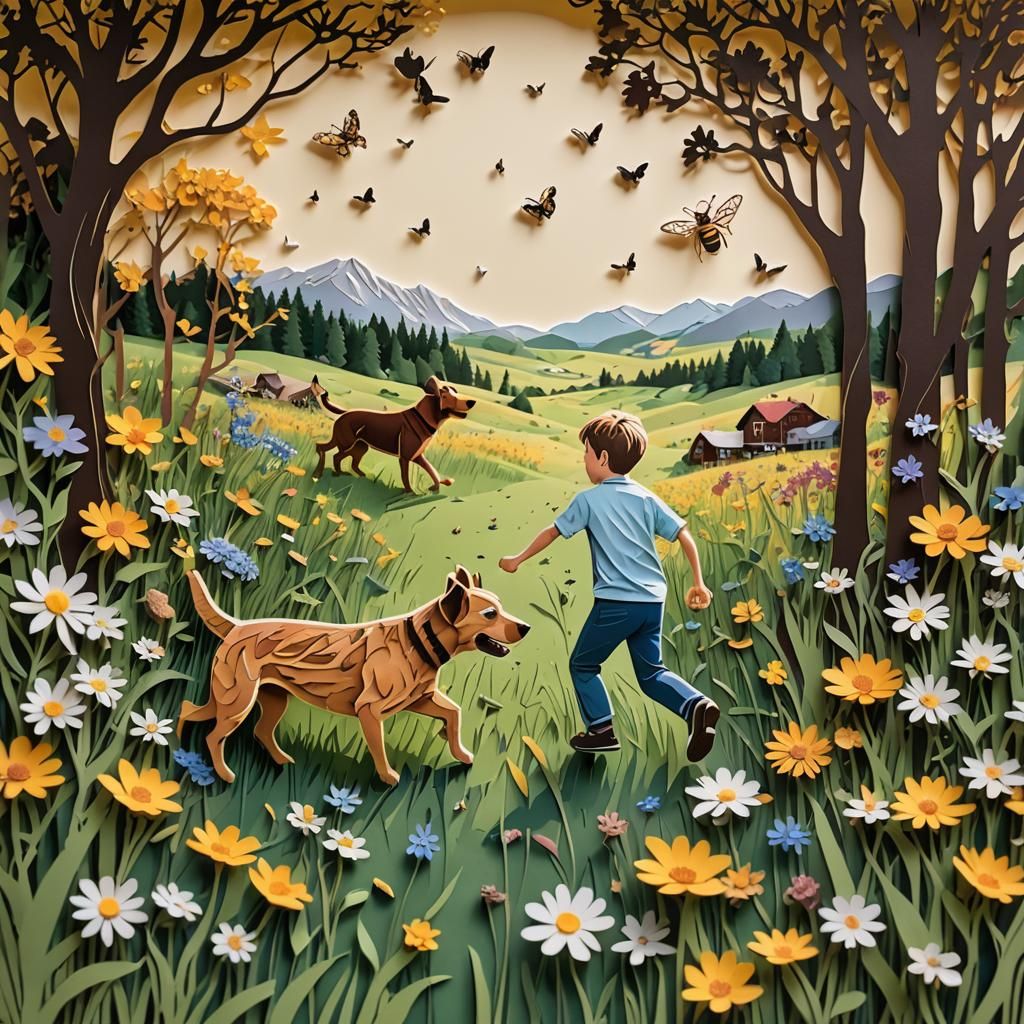 3D Papercut Art: Boy and Dog in Meadow