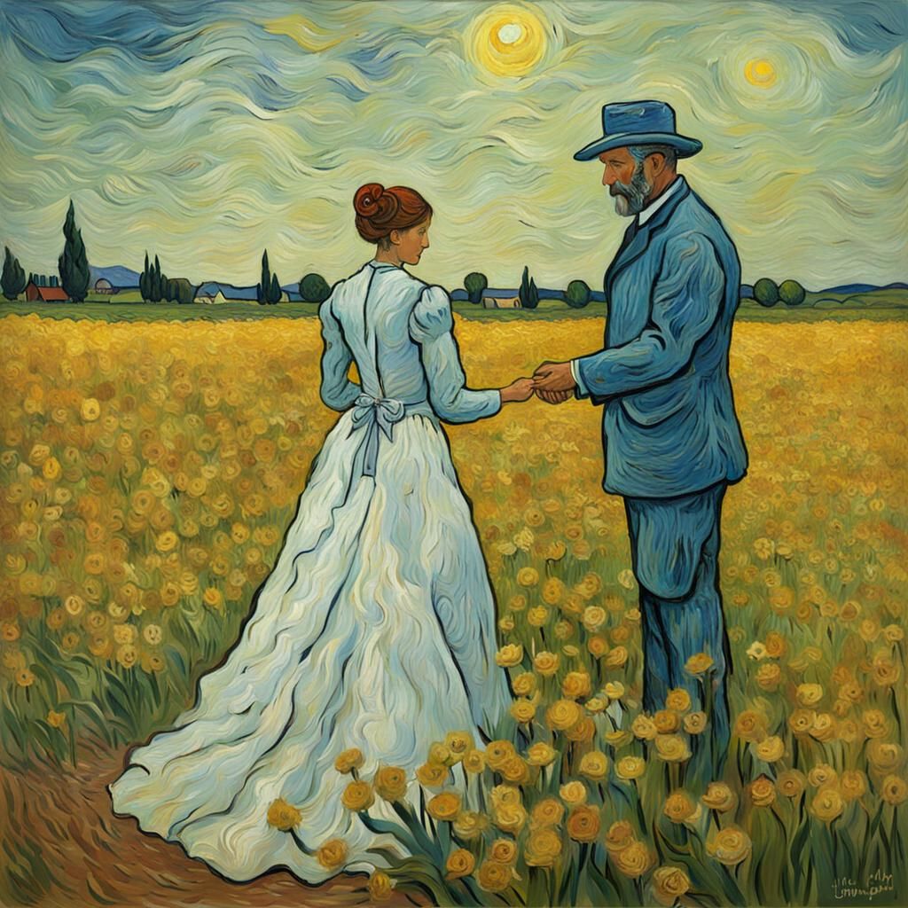 Bride and Father in Field as Van Gogh Painting