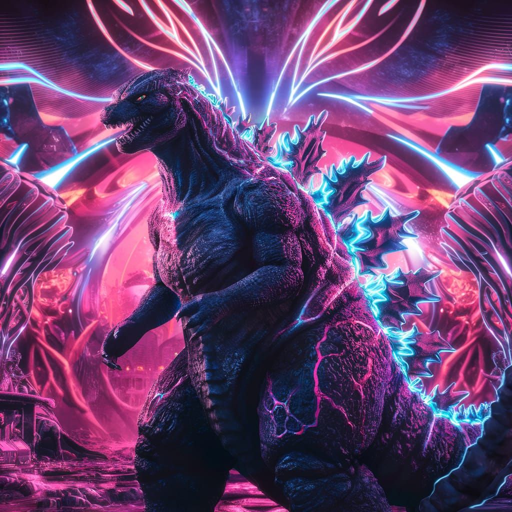 Godzilla with Neon Veins in Synthwave Cityscape
