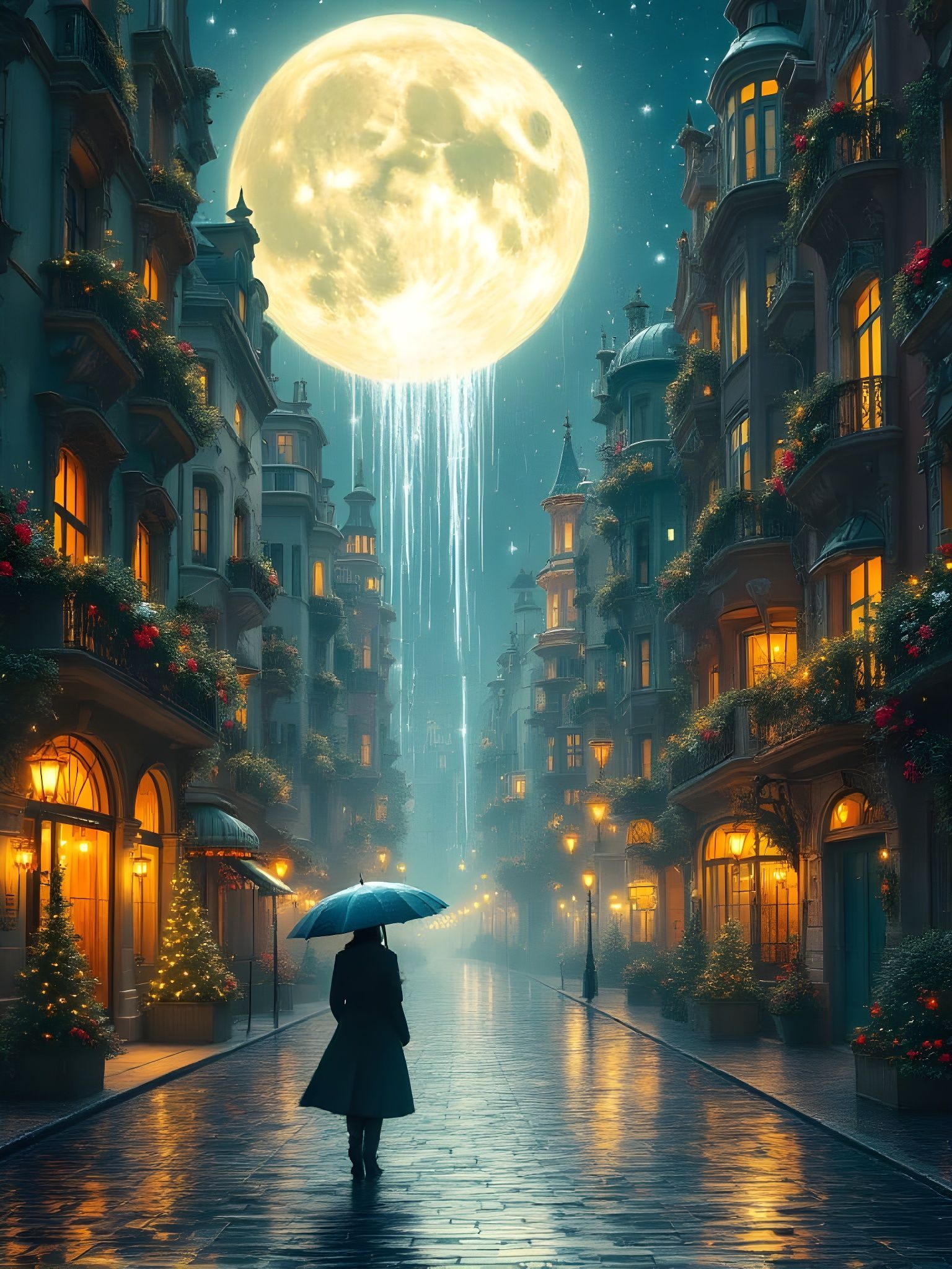 Whimsical Christmas Night Scene with a Glowing Moon