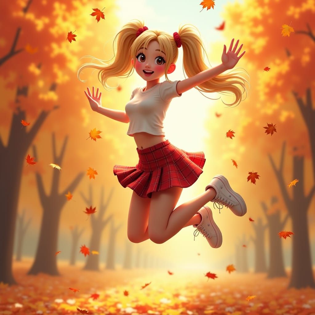Joyful Asian Woman Leaping in Autumn Light