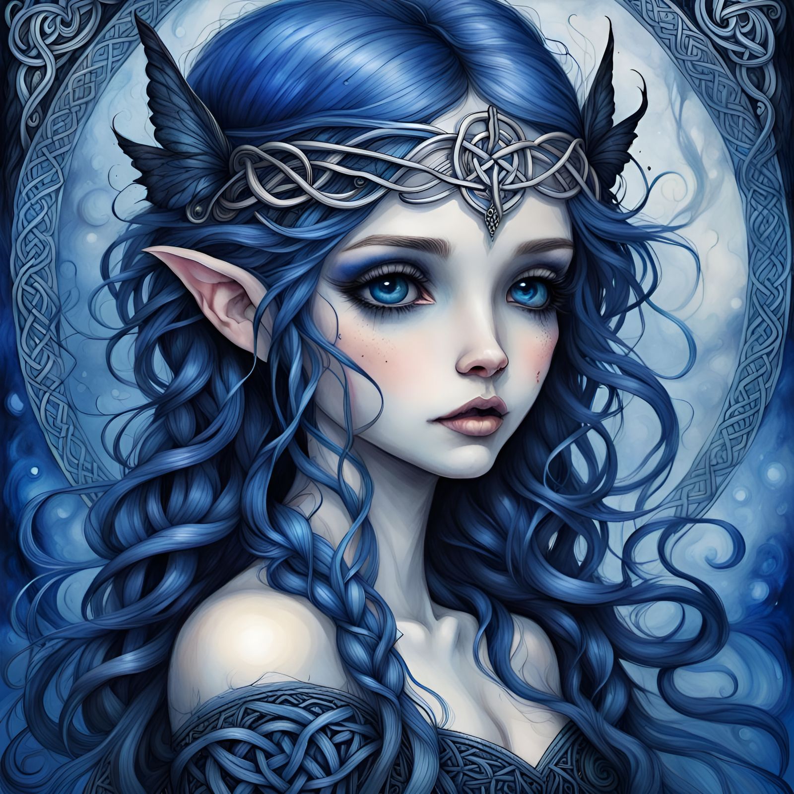 Gothic Lapis Lazuli Fairy on Parchment, Detailed Painting