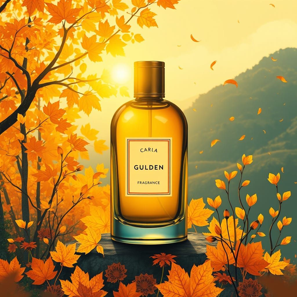 Golden Autumn Fragrance Bottle in Vibrant Landscape