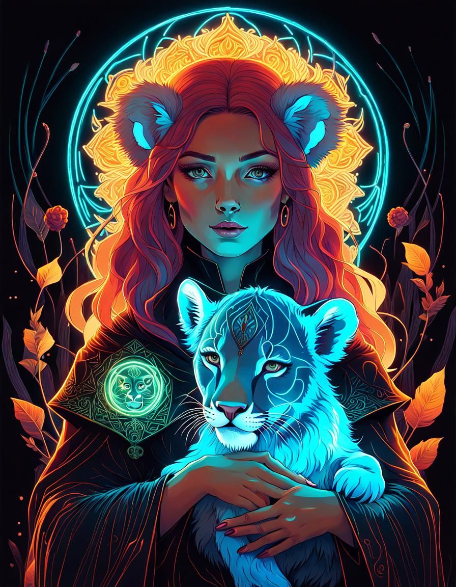 Neon Witch Portrait with Lion Cub