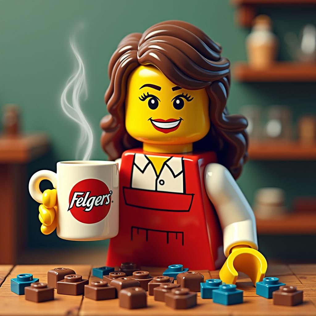 Woman with Folger's Coffee and Legos in Vibrant Style